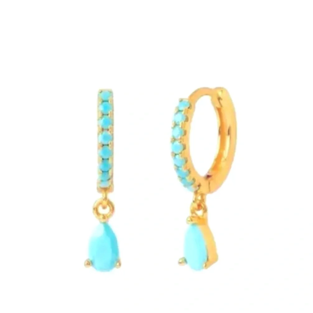 18 K Gold Plated/ Turquoise Stone Huggie Earrings - Picture 1 of 2